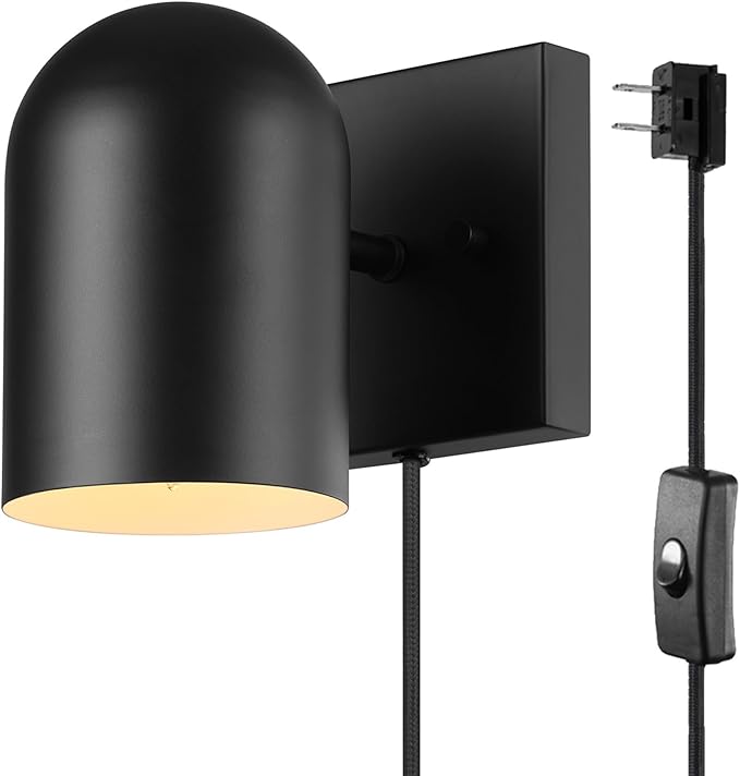 Globe Electric 65000098 1-Light Plug-in or Hardwire Wall Sconce, Matte Black, 6ft Braided Fabric Cord, in-Line Rocker Switch, Modern Lighting for Apartments or Renters, Lights for Living Room