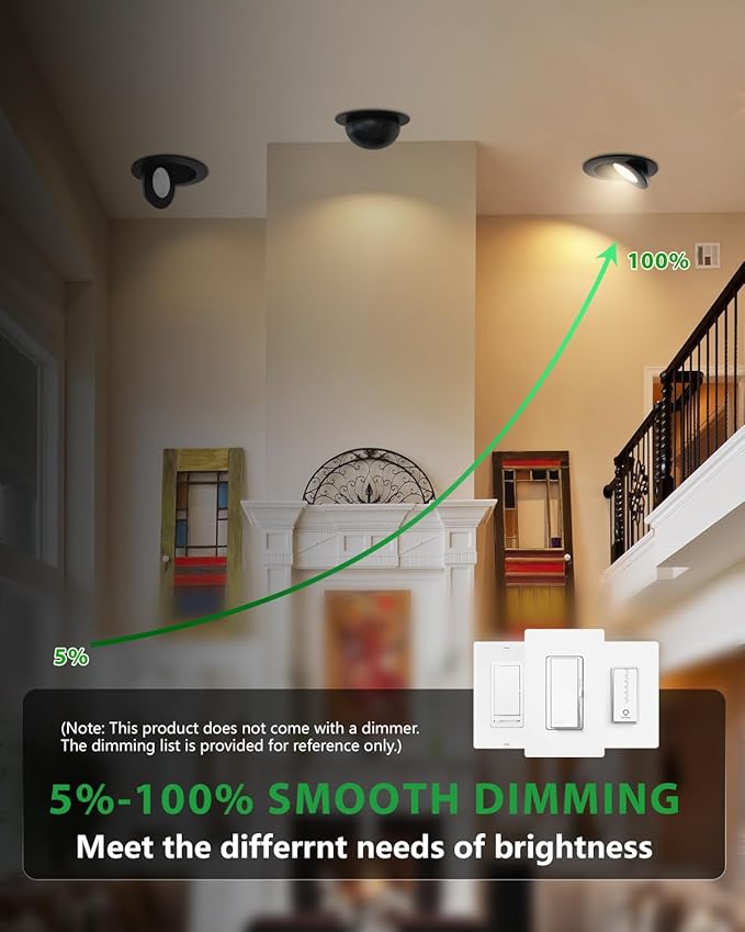 zouzai 6 inch 5CCT Gimbal Black Led Recessed Lights, 360°+90° Adjustable Directional Recessed Lighting, 2700K-5000K Dimmable Retrofit Eyeball Can Lights with Jbox, ETL&Energy Star(Black,6 Pack)