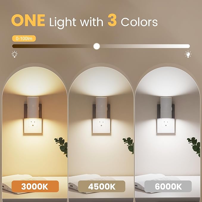 VOLISUN Night Lights Plug into Wall, Dimmable LED Nightlight with Dusk to Dawn Light Sensor, 0-100LM Adjustable Brightness, 3 Color Temperatures, Compact Size, 8 Pack for Hallway, Bathroom White