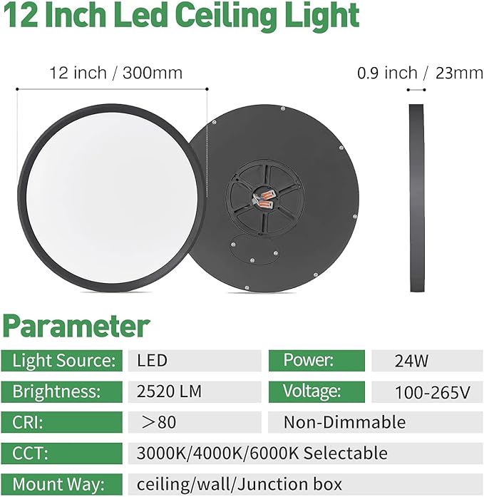 12PK 12 Inch LED Flush Mount Ceiling Lights, 24W, 2520LM, 3000K/4000K/6000K CCT Selectable, Round Flat Panel Low Profile Ceiling Lights Fitting for Hallway, Kitchen, Bedroom, Laundry Room, Black