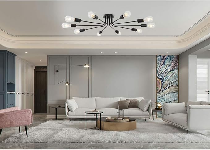 10 Lights Ceiling Light Vintage Metal Semi Flush Mount Light Ceiling Lamp Black Chandelier Lighting Fixture for Living Room Dining Room Kitchen Hallway Cafe
