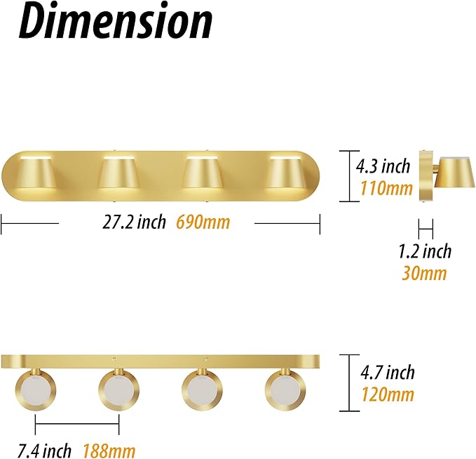 URSOLA 4 Light Bathroom Vanity Light, LED Gold Wall Light Fixtures, Up and Down Rotatable Dimmable 27 inch Bathroom Lighting Fixtures Over Mirror