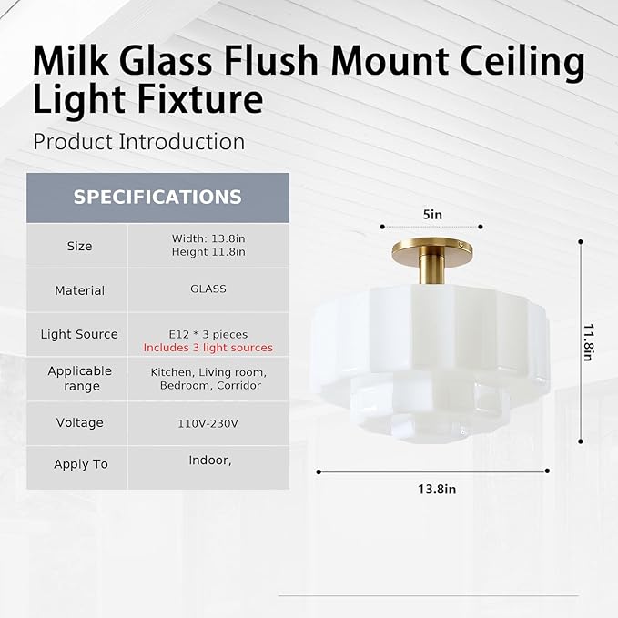 Milk Glass Ceiling Light Fixture - 13.7'' Antique Gold Semi-Flush Mount Ceiling Light for Bedroom, Foyer, Living Room, Bar Counter, Includes 3X E12 Bulbs (White 13.7 inch)