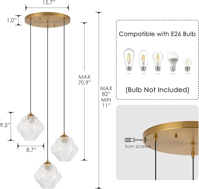 3-Light Cluster Pendant Lights, Mid Century Modern Cluster Chandelier with Ribbed Glass, Brass Gold Pendant Lighting for High Ceiling, Kitchen Island, Staircase, Dining Room, Living Room