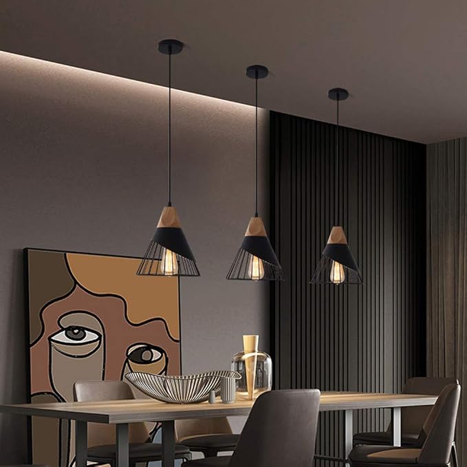 Black Farmhouse Wooden Pendant Light,Rustic Wood & Metal Pendant Lighting, Adjustable Height Hanging Ceiling Light Fixture for Kitchen Island Dining Room Bedroom Hallway