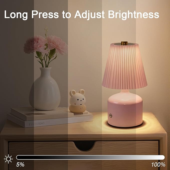 Small Cordless Table Lamp, Touch Lamps for Nightstand 3 Color Stepless Dimming, Metal Base Pleated Rechargeable Lamp for Bedside, Bedroom, Dining Room, Living Room (Pink)