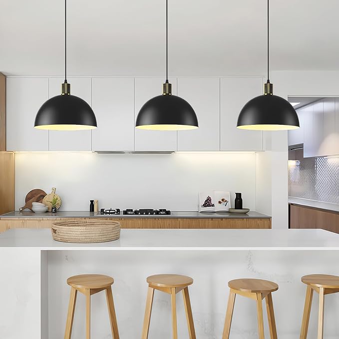 Black Pendant Lights Kitchen Island 3 Pack, 11.8" Modern Black and Gold Pendant Light Fixtures Dome Farmhouse Hanging Lights for Sink Dining Room Hallway Entryway