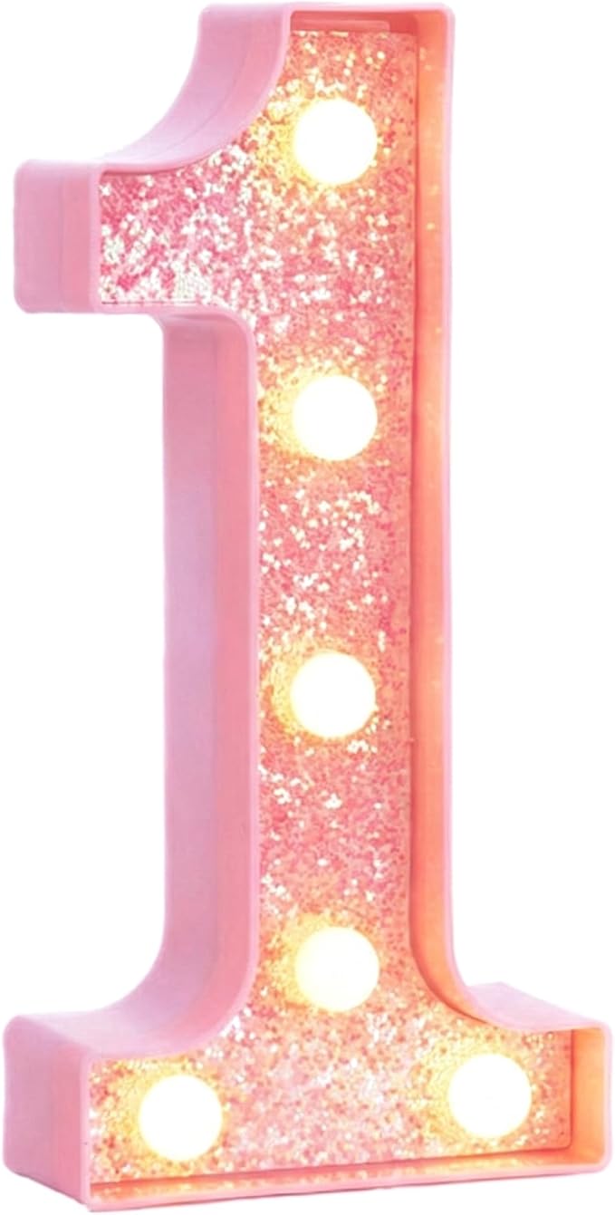 Pink Light Up Marquee Numbers, Glitter LED Number Lights Signs Battery Operated for Girls 1st 10th 12th 16th Pink Birthday Party Table Decorations, 8 Inch Tall Number 1 with Warm White Lights
