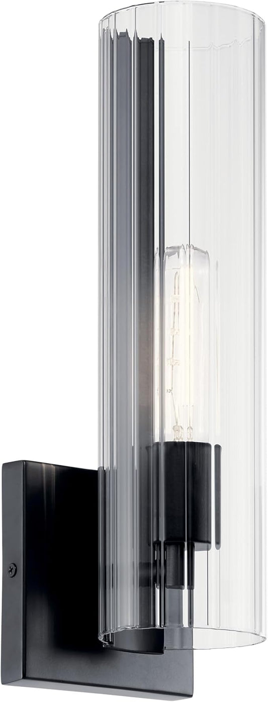 Kichler Jemsa 1 Light Wall Sconce, Modern Light with Clear Fluted Glass in Black for Bathroom, Powder Room, Sides of Fireplace, Down a Hallway, Kitchen, or Bedroom (14" x 4.75"), 55165BK