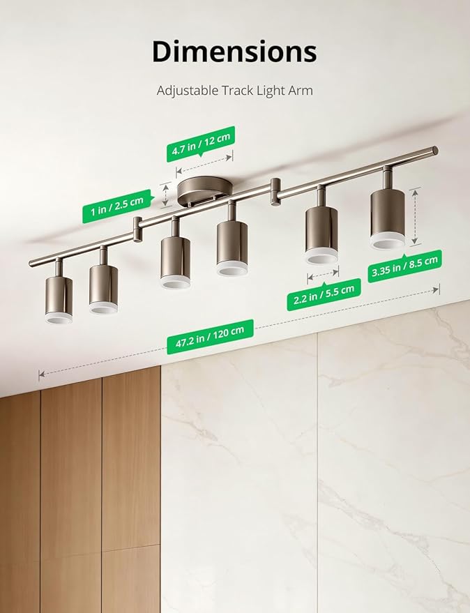 Bojim Track Lighting Fixtures Ceiling Mount for Kitchen, Nickel 6 Way LED Spot Lights Indoor, Flexible Modern Track Light GU10 Socket for Dining Room, Bulbs Not Included