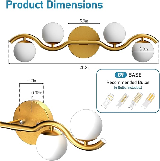 Lightdot 27" 4-Light S-Frame Gold Bathroom Vanity Light | Shatterproof Plastic Shades | Compatible with TRIAC Dimmers | G9 Socket & Bulbs Included
