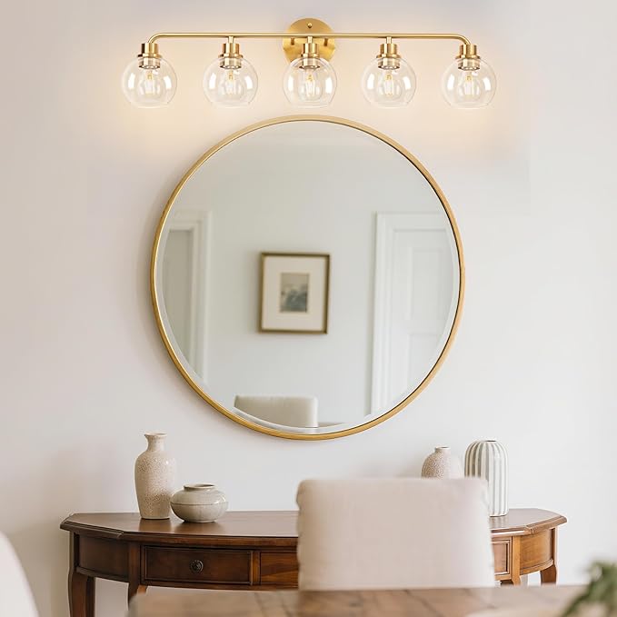 Bathroom Light Fixtures Gold Vanity Light 5 Light Wall Sconces Lighting Brushed Brass Lights with Clear Globe Glass Shades Bath Wall Lamp for Mirror Kitchen Living Room Bedroom Hallway