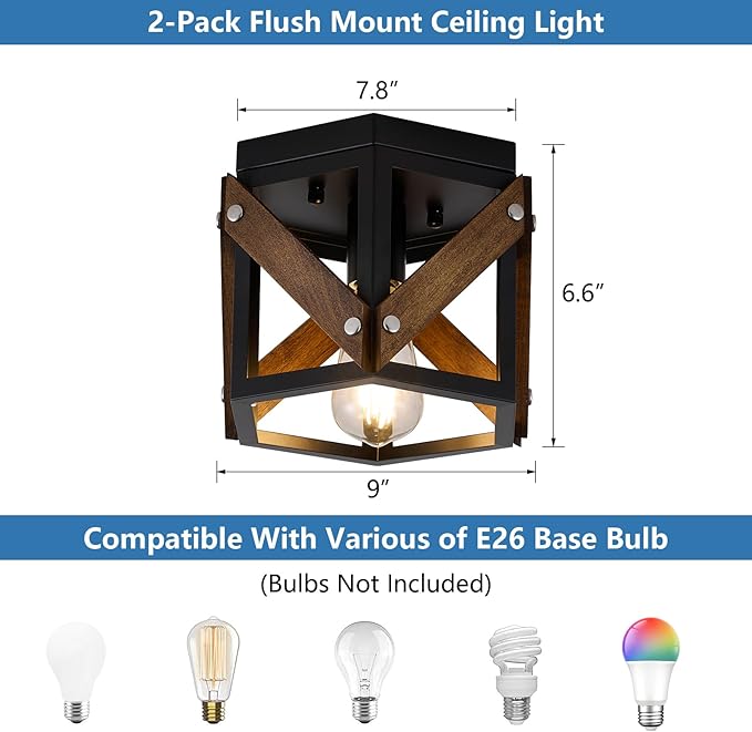 2 Pack Farmhouse Flush Mount Ceiling Light, Rustic Hallway Light Fixtures Ceiling, Vintage Black Lighting Fixtures with Metal and Wood Cage, Small Chandelier for Kitchen Sink Entryway Bathroom