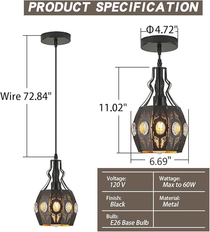 YLONG-ZS Black Lantern Pendant Lights Bedroom Restaurant 2 PK, Farmhouse Kitchen Island Pendant Ceiling Light with 6.07 Ft Wire, Hanging Pendant Lighting for Restaurant Bedroom Dining Room Living Room