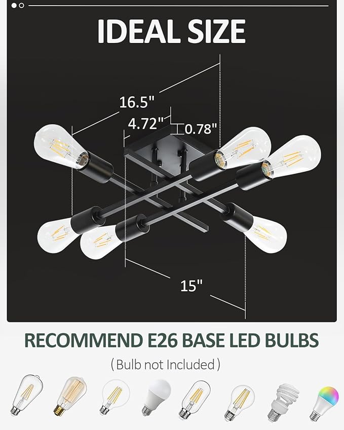 6-Light Semi Flush Mount Ceiling Light Fixture, Modern Black Sputnik Chandelier Lighting, Farmhouse E26 Stock Ceiling Lamp Kitchen Bedroom Living Room Entryway, Bulbs Not Included