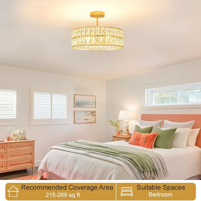 Crystal Ceiling Light Fixture, Modern Brushed Gold Ceiling Light Chandelier, Semi Flush Mount Chandelier Lighting Fixture for Kitchen Entryway Living Room Dining Room, 5-Light, 16 Inch