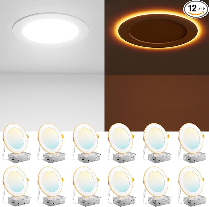Amico 12 Pack 6 Inch 5CCT LED Recessed Ceiling Light with Night Light, 2700K/3000K/3500K/4000K/5000K Selectable Ultra-Thin Lighting, 12W=110W, 1100LM, Dimmable Canless Wafer Downlight ETL&FCC