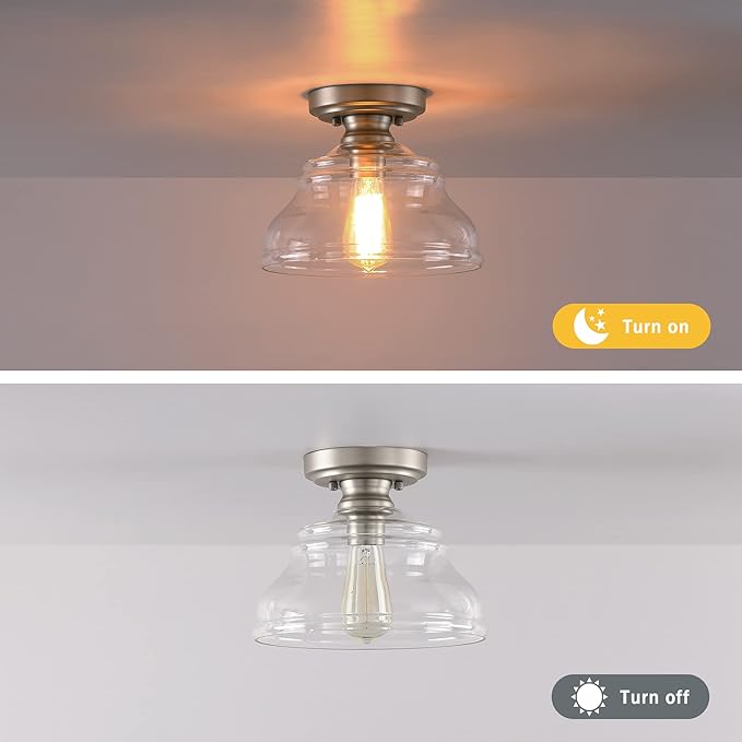 MEXO Industrial Semi Flush Mount Ceiling Light, Modern Clear Glass Shade Ceiling Light Fixture Farmhouse Close to Ceiling Lights in Satin Nickel for Hallway Bedroom, Kitchen Entryway Porch