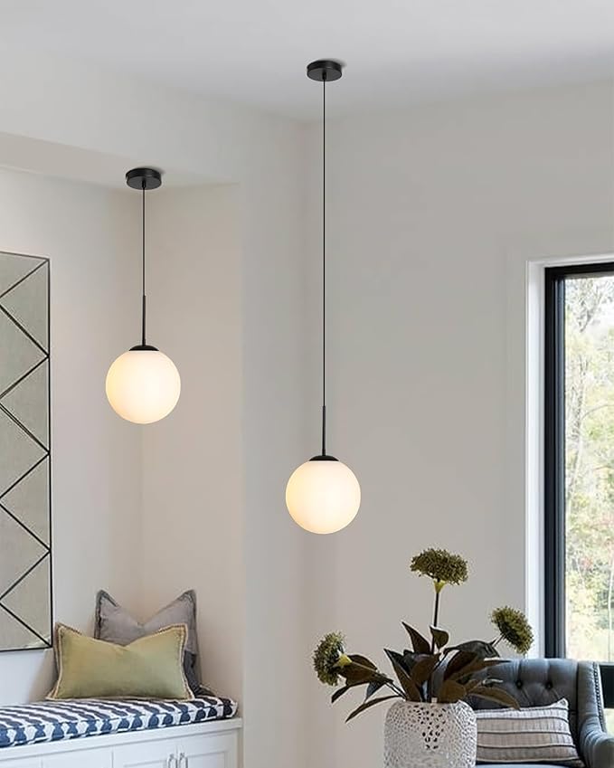 10" Milk Glass Pendant Light Mid Century Modern Globe Hanging Light Fixtures for Dining Room Kitchen Island Bedroom, Black