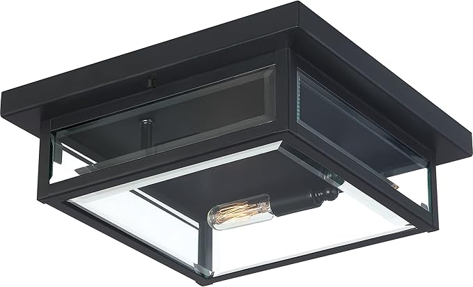 Quoizel Westover 12" Outdoor Flush Mount Ceiling Light, 2-Light Earth Black with Clear Beveled Glass, E12 Base, ETL Damp Rated