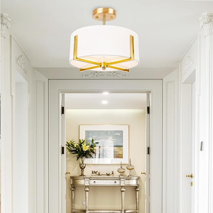 Edwarmlux 3-Light Semi Flush Mount Ceiling Light Fixture, 13.7" Gold Drum Light with White Fabric Shade, Modern Close to Ceiling Lamp for Living Room Bedroom Dining Room Kitchen Hallway Entry Foyer