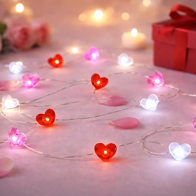 BOHON Valentine Day Decorations 13 ft 40 LEDs Red White Pink Lights String | Heart Fairy String Lights Battery Operated, Valentines Decor for The Home Galentines Day Indoor Garland Party with Timer