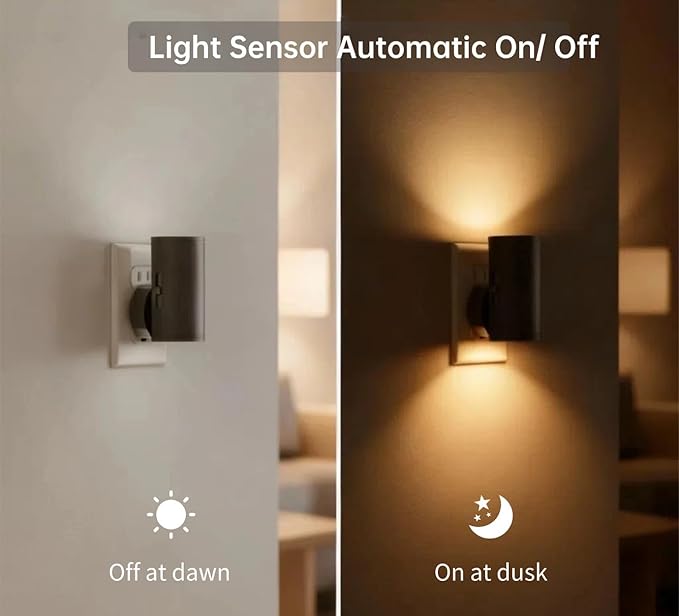 TSEXES LED Night Lights Plug into Wall, Dusk to Dawn Sensor,5-300LM Adjustable Brightness, Soft White 3000K,Dimmable Night Lights for Kitchen,Hallway Bedroom,Stairs, 2 Pack