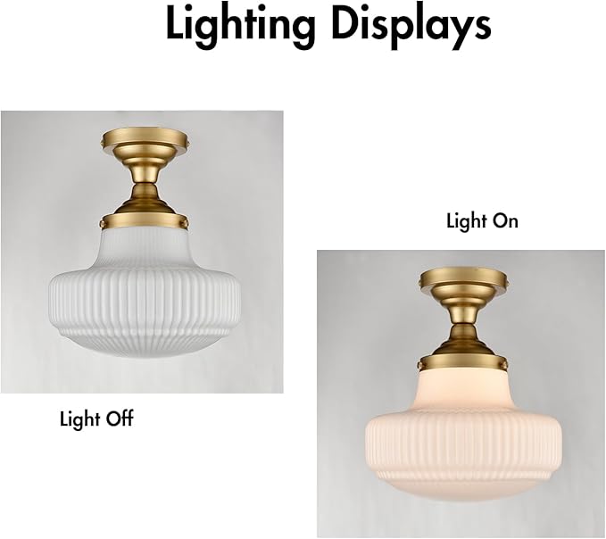 CLAXY Modern Gold Schoolhouse Ceiling Light Semi-Flush Mount Ceiling Light Fixture Ribbed Milk Glass Lamp for Hallway Entryway Bedroom Kitchen Bathroom