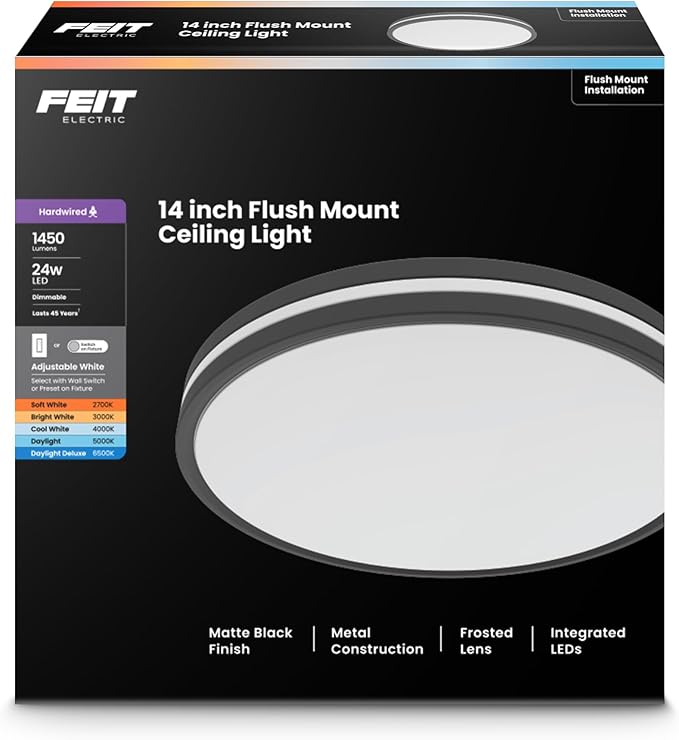 Feit Electric 14" Adjustable White LED Ceiling Fixture, Dimmable Flush Mount Light, Selectable Color Temperature, Matte Black Dual-Banded Finish, Energy Efficient, 50,000-Hour Lifespan, FM14/DR/6WY/BK