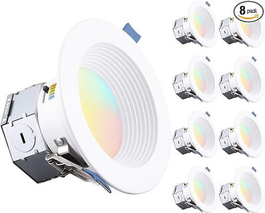 TORCHSTAR 8-Pack 5CCT 4 Inch LED Integrated Canless LED Recessed Lighting with J-Box, Anti-Glare Deep Baffle, CRI90 Dimmable Ceiling Downlight, ETL Air Tight IC Rated, 2700K3000K3500K4000K5000K