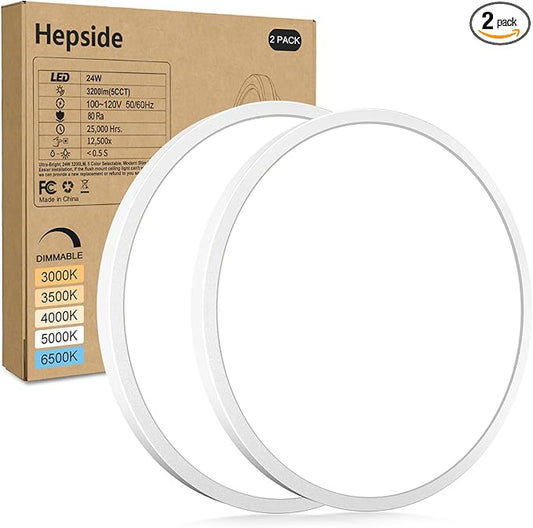 hepside 2Pack LED Flush Mount Ceiling Light Fixture, 12Inch 24W, Dimmable&3000K/3500K/4000K/5000K/6500K Adjustable Low Profile Ceiling Lights, White Round Flat Ceiling Light for Closet,Kitchen,Hallway