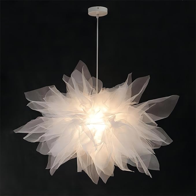 17.7 Inch Stacked Tulle Pendant Light, Modern Style Fabric Hanging Light, Pendant Lamp for DiningRoom, Living Room, Bedroom, Study, Hallway - White