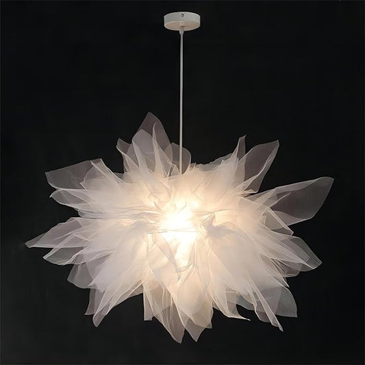 17.7 Inch Stacked Tulle Pendant Light, Modern Style Fabric Hanging Light, Pendant Lamp for DiningRoom, Living Room, Bedroom, Study, Hallway - White