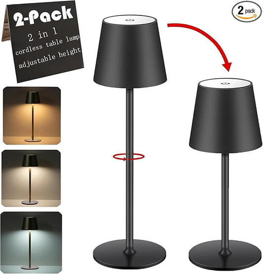 2 Packs Cordless Table Lamp, Portable LED Wireless Desk Lamp with 3 Modes Light Dimming, Adjustable Height Table Lamp, Rechargeable Waterproof Touch Lamp for Christmas Birthday Gift (2 packs-Black)