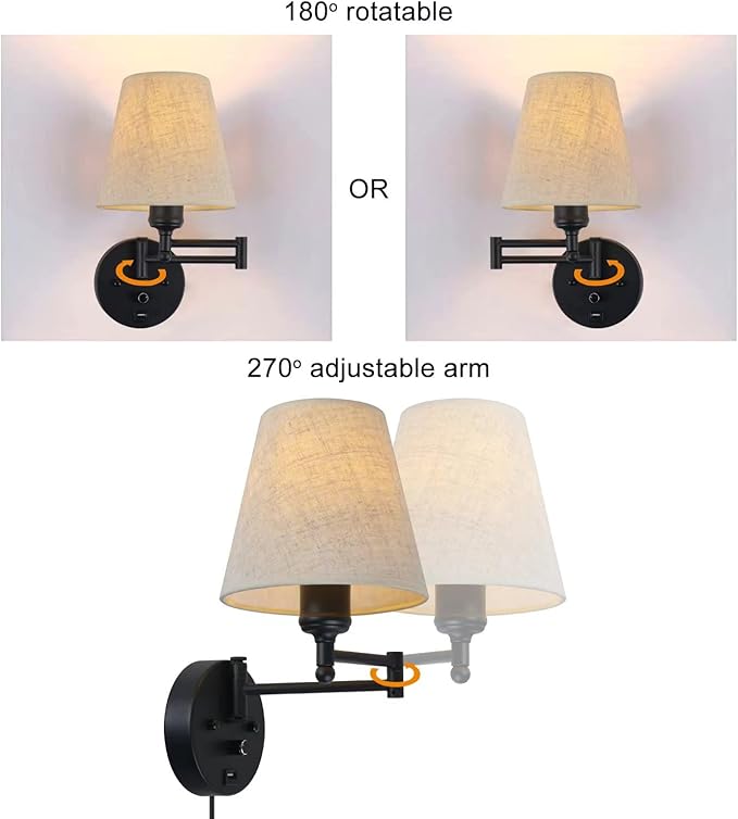 Bedside Wall Mount Light with Dimmable Switch and USB Port, Black Wall Sconce Light with Swing Arm and Plug in Cord, Fabric Shade Wall Lamp Perfect for Bedroom, Living Room and Hotel
