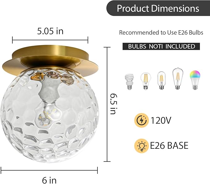 Modern Glass Globe Wall Sconce: Gold Spherical Sconces Light with Hammered Clear Glass Shade - Small Brass Vanity Single Ball Lights Fixture - Contemporary Wall Mounted Lamp for Bedroom Living Room