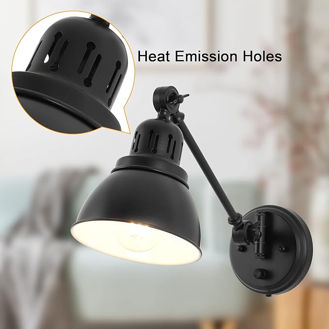 GOODATE Plug in Wall Sconces Set of 2, ENCOMLI Wall Sconce Lighting with Dimmable On Off Switch, Swing Arm Wall Lamp, Black Metal Industrial Wall Light Fixtures, Safety E26 Base, 6FT Plug in Cord