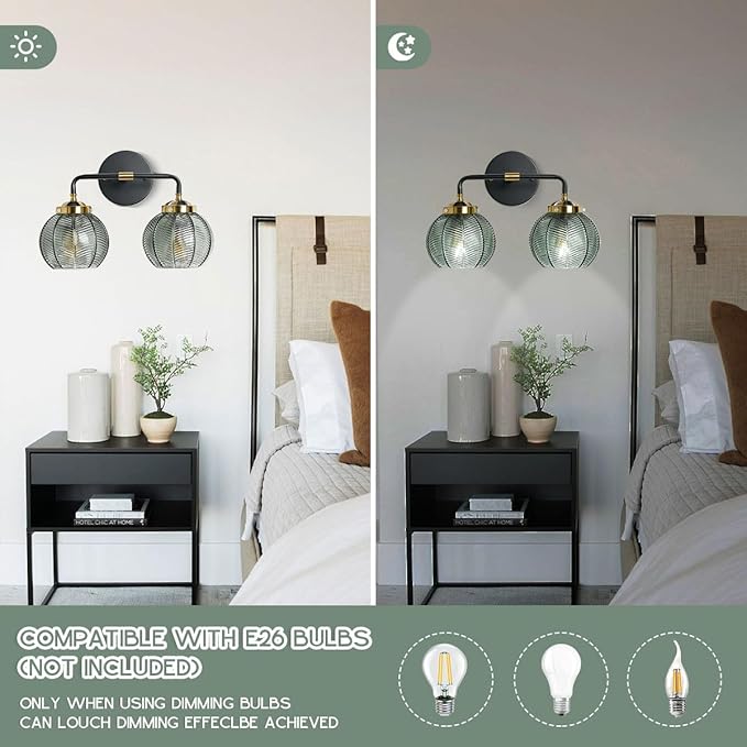 Glass Wall Sconce 2 Light Bathroom Vanity Light Green Globe Wall Lamp with Ribbed Glass Shade Mid Century Modern Wall Sconces Black Gold Vanity Light for Over Mirror Bedroom Hallway