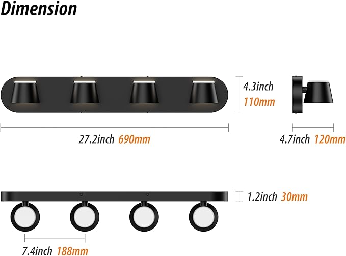 URSOLA 4 Light Bathroom Vanity Light, LED Black Wall Light Fixtures, Up and Down Rotatable Dimmable, 27 inch Bathroom Lighting Fixtures Over Mirror