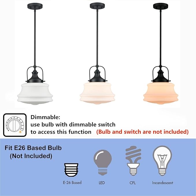 DEYNITE Industrial Pendant Light Fixtures Black Hanging Adjustable Schoolhouse Light Milk White Shade for Kitchen Bar Bedroom Bathroom Dining Room