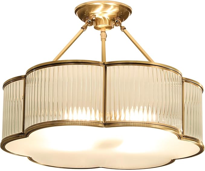 Vintage Semi-Flush Gold Chandelier,Mid-Century Modern Brass Ceiling Light Fixture,Art Deco Floral Ceiling Light,Frosted Glass Ceiling Lamp for Nursery Bedroom Kitchen
