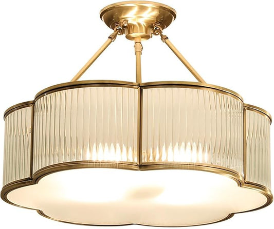 Vintage Semi-Flush Gold Chandelier,Mid-Century Modern Brass Ceiling Light Fixture,Art Deco Floral Ceiling Light,Frosted Glass Ceiling Lamp for Nursery Bedroom Kitchen