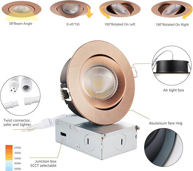 KnLnny Ware Bronze 4 Inch Led Gimbal Recessed Lights 6 Pack, Eyeball Soffit Lights with Junction Box,5CCT Selectable,9W 750LM,Dimmable