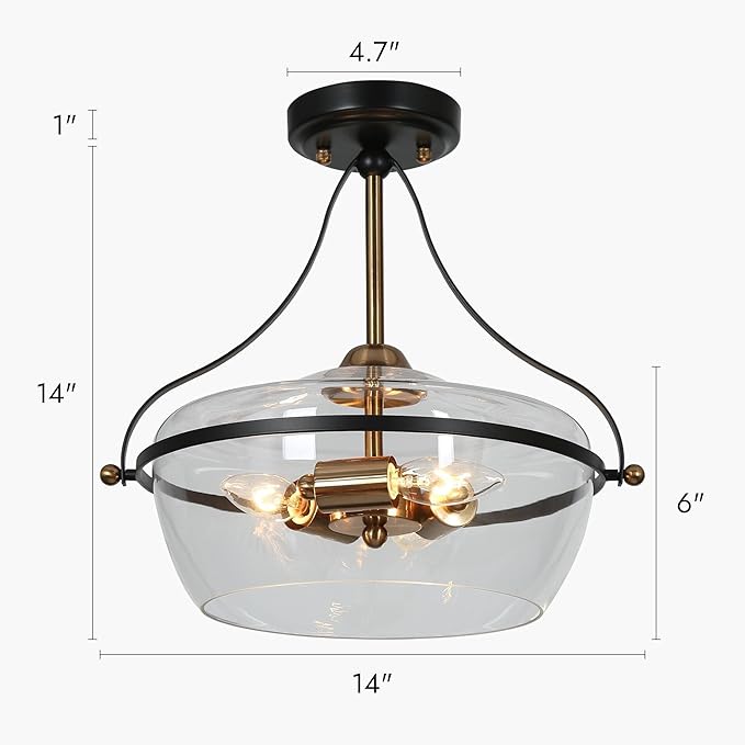KSANA Modern Semi Flush Mount Ceiling Light, 3-Light Black and Gold Close to Ceiling Fixture with Clear Glass and Electroplated Brass Accents for Hallway, Bedroom, Kitchen, or Entryway