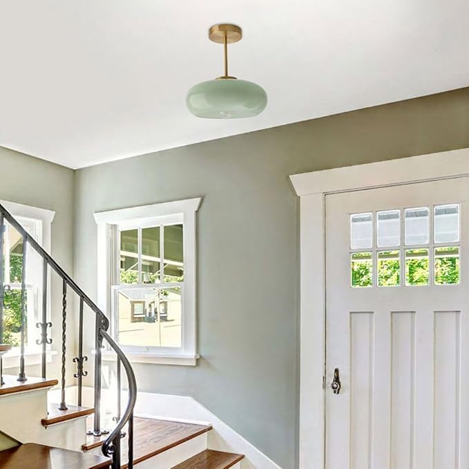 Milk Ceiling Light mid Century Modern Ceiling Light fixtures with Milk Green Glass Shade Gold Semi Flush Mount Ceiling Light, Vintage Glass Ceiling Lamp Hallway Dining Room Kitchen