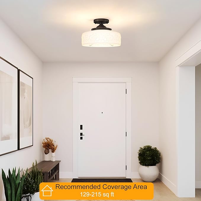 Black Semi Flush Mount Ceiling Light with Hand-Carved Design - 12 Inch Vintage White Glass Shade with Etched Patterns, Easy Install 3-Light Fixture for Hallway, Kitchen, Bedroom