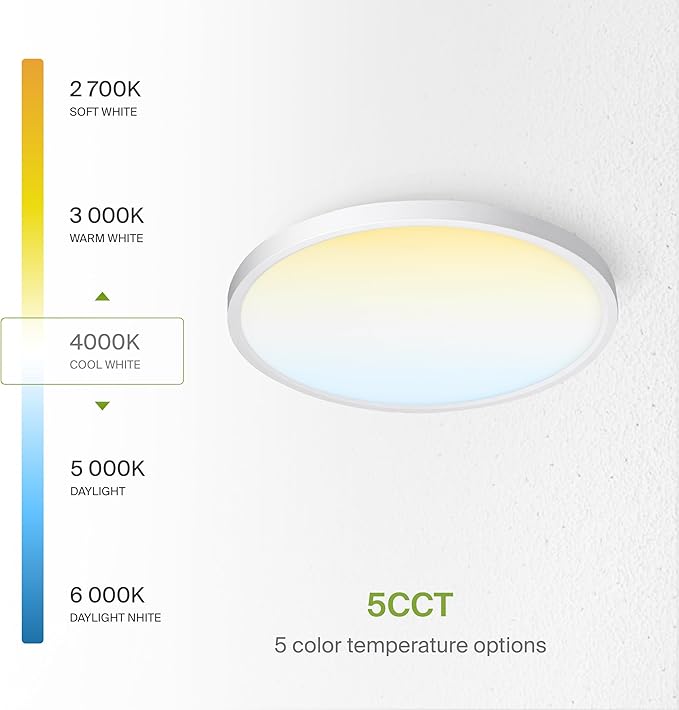 ASD LED 12" Round Flush Mount Ceiling Light Fixture, Low Profile Surface Lighting | 5CCT, Dimmable, Ultra-Thin, ETL Listed | 24W 1900LM 2700-6000K 120V | Kitchen, Bedroom, Hallway Lamp | White
