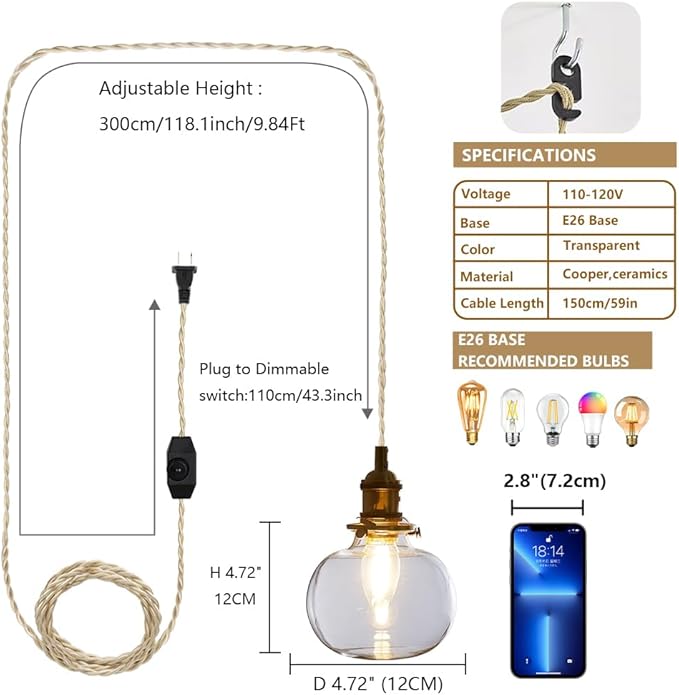 Plug in Glass Pendant Light with Dimmable Switch 4.72" Vintage Hanging Pendant Light Fixtures for Bedside Dining Room Foyer, Brass