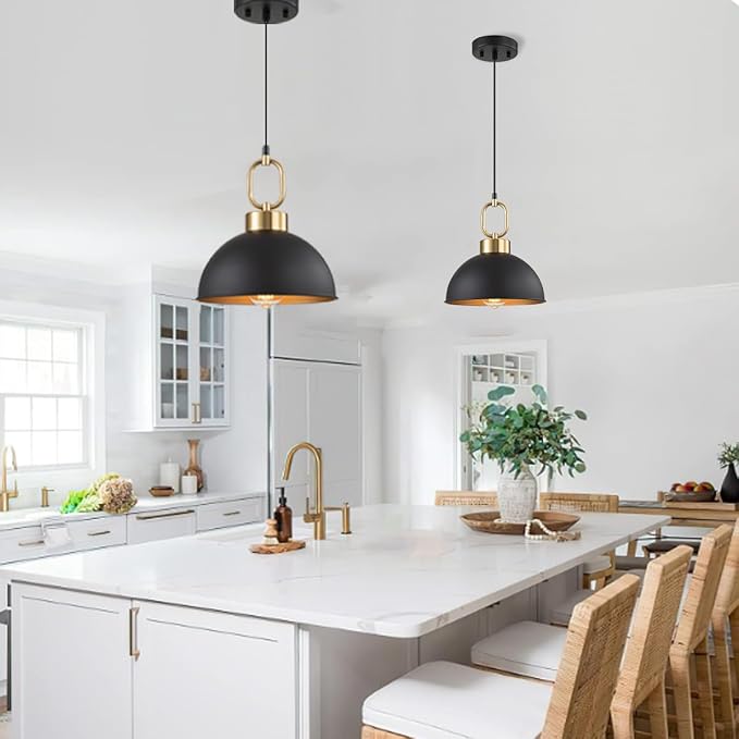 2 Pack Black Pendant Lights Kitchen Island, 10'' Farmhouse Industrial Pendant Light Fixtures, Adjustable Height Modern Dome Hanging Light for Kitchen Dining Room Entryway Bar