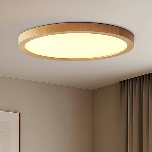 Ultra-Thin LED Ceiling Light Fixture 16.53", Handcrafted Walnut Wood Modern Wabi-Sabi Style, Slim 2.5cm Profile, 37W LED 3000K-4000K-6000K, Round Minimalist Lamp for Bedroom Kitchen Hallway